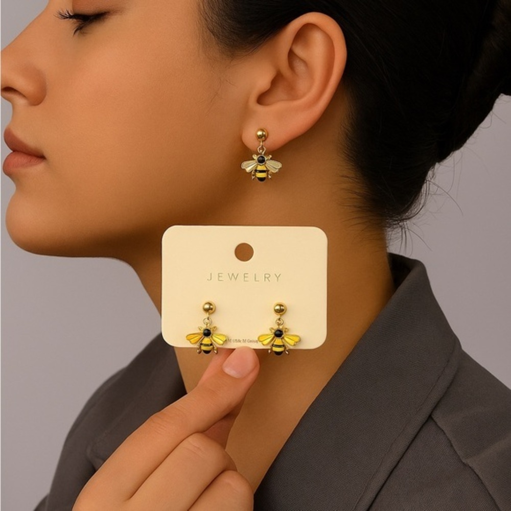 Bee‎ Earrings Gold Yellow Black Enamel Dangle Studs | Cute Gift Jewelry new